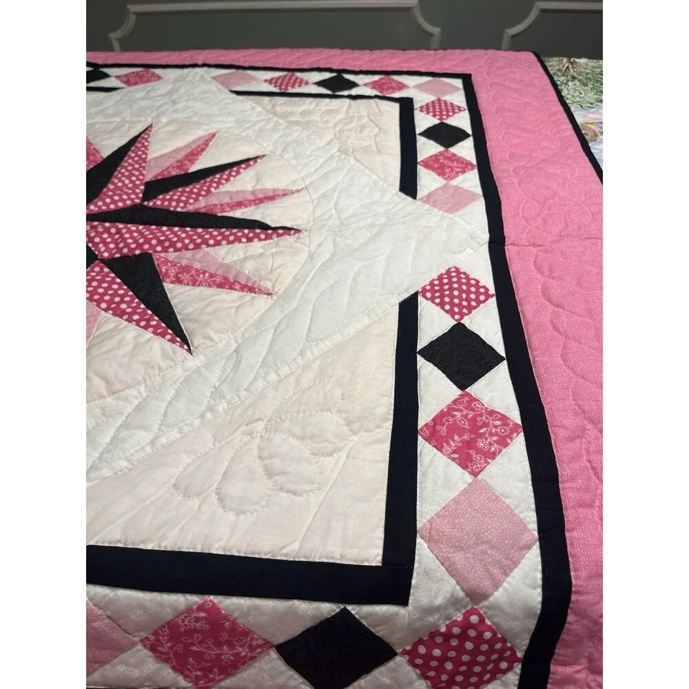 Hand Sewn Mariner’s Compass Black Pink White 45x45” Wall Hanging Lap Blanket